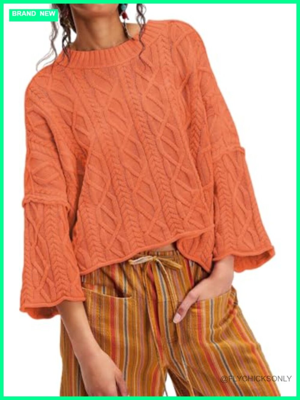 Womens Cropped Cable Knit Sweater Oversized Crewneck Pullover